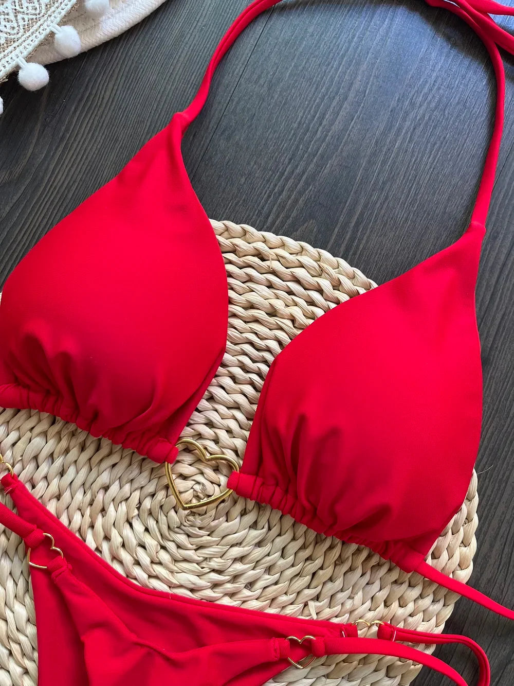 Costume da bagno bikini sexy da donna a tinta unita, due pezzi, rosso