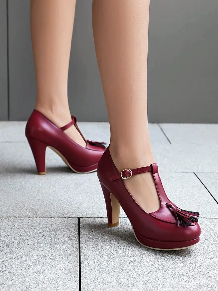 NASBAVI Fashion Female Pumps Round Toe Chunky Heels 9cm Platform 1.5cm Buckle T-Strap Tassels Plus Size 46 47 48 Sexy Shoes