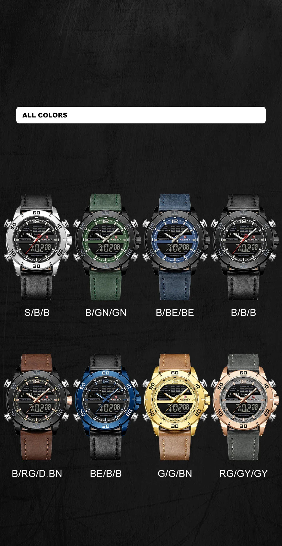 NAVIFORCE Orologio alla moda da uomo con cinturino in vera pelle Movimento al quarzo resistente all'acqua 30M Display luminoso con giorno e data F