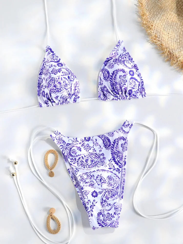 Set Bikini Triangolo Sexy Micro Thong, Costume da Bagno Donna, Biquini con Lacci, Abbigliamento da Spiaggia Stampato, Bikini Thong