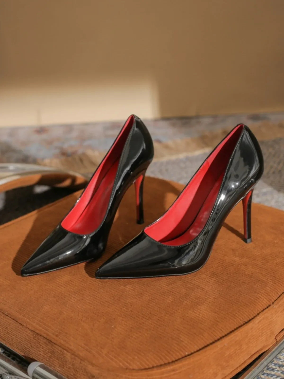 7cm Black Red Sole High Heels Spring Pointed Toe Stiletto Heel Sexy Shiny Single Shoes Fashion Patent Leather Women's Shoes
