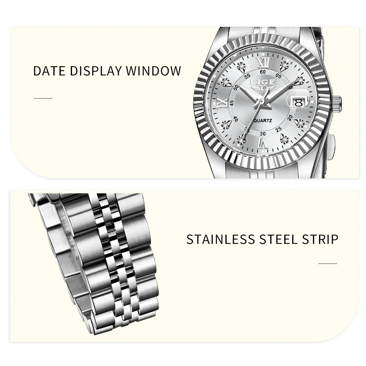 Orologio da Polso LIGE di Lusso con Strass per Donna, Cinturino in Acciaio Inossidabile, Movimento al Quarzo, Regalo, Reloj Mujer