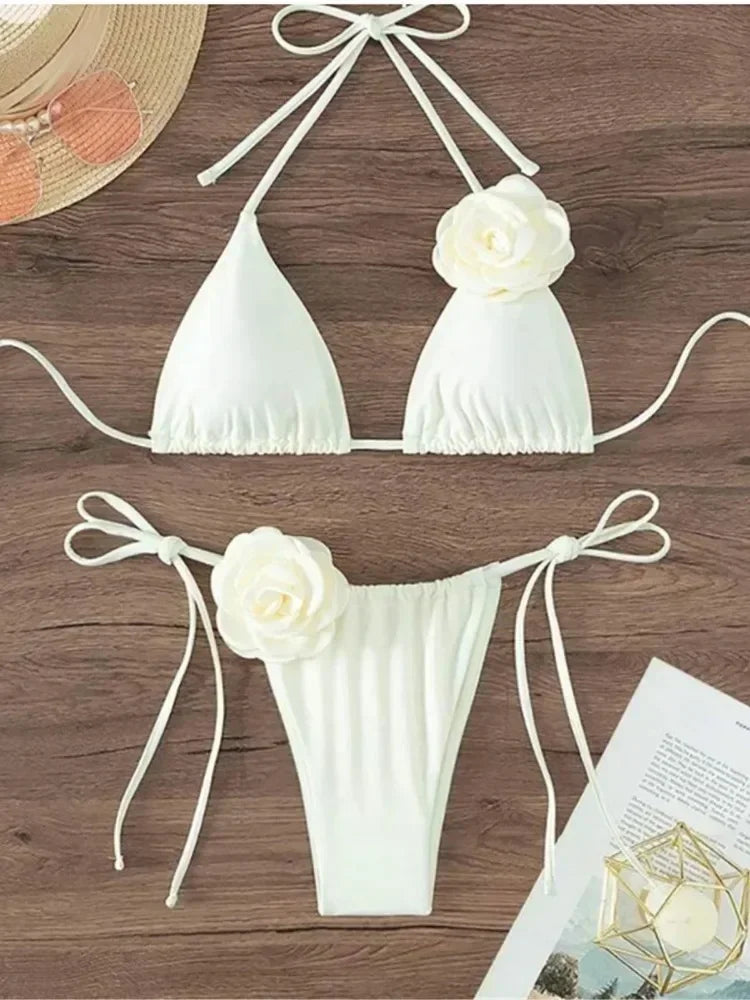 Costume da Bagno Sexy con Fiori e Fascia, Bikini a Perizoma 2025, Costumi da Bagno Donna con Lacci, Set Bikini Brasiliano, Biquini Mujer