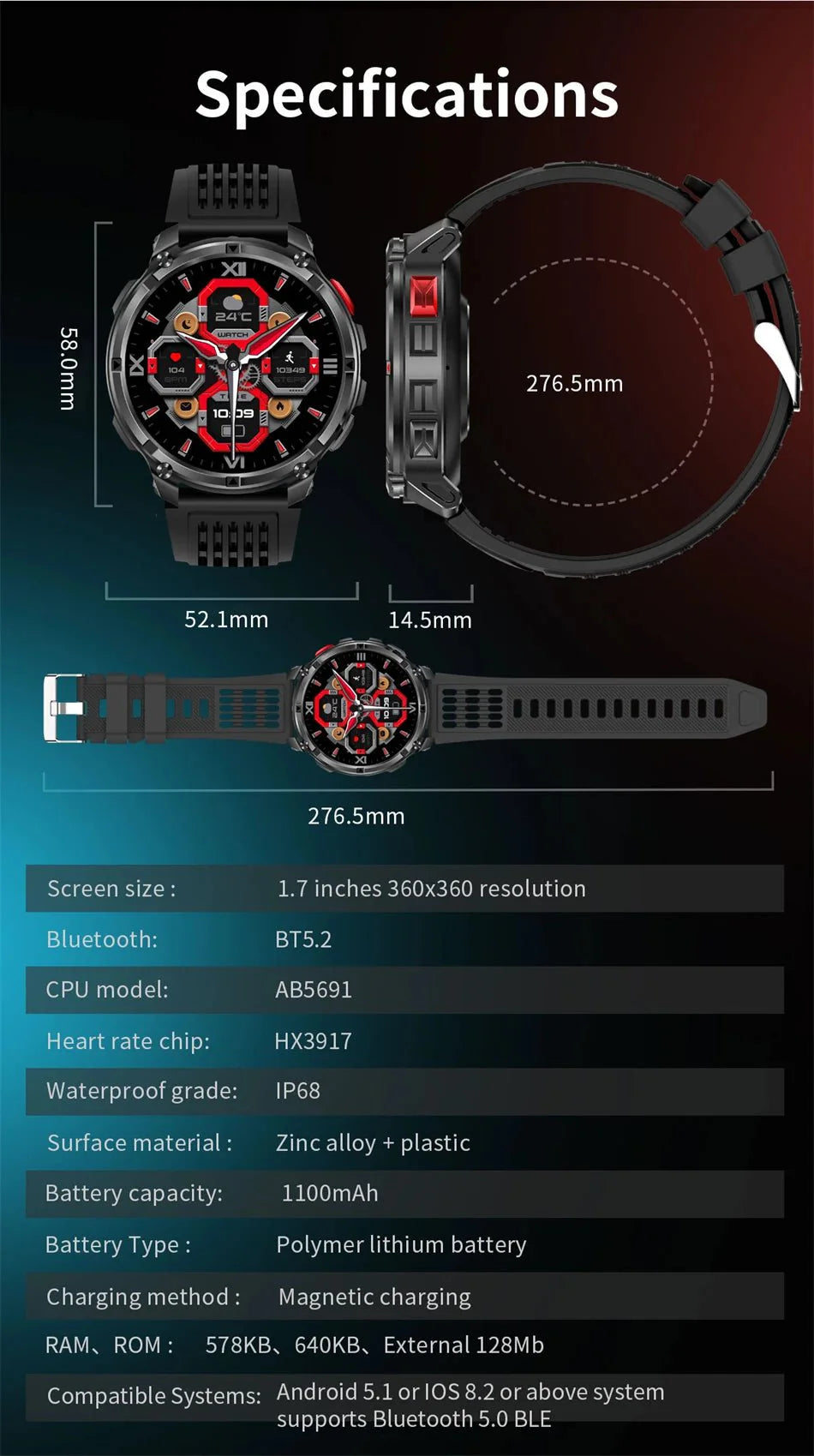 Nuovo T-Rex3 Ultra 1100mAh Batteria Smart Watch GPS Track Bussola IP69K Impermeabile Sport tracker All'aperto Militare Smartwatch