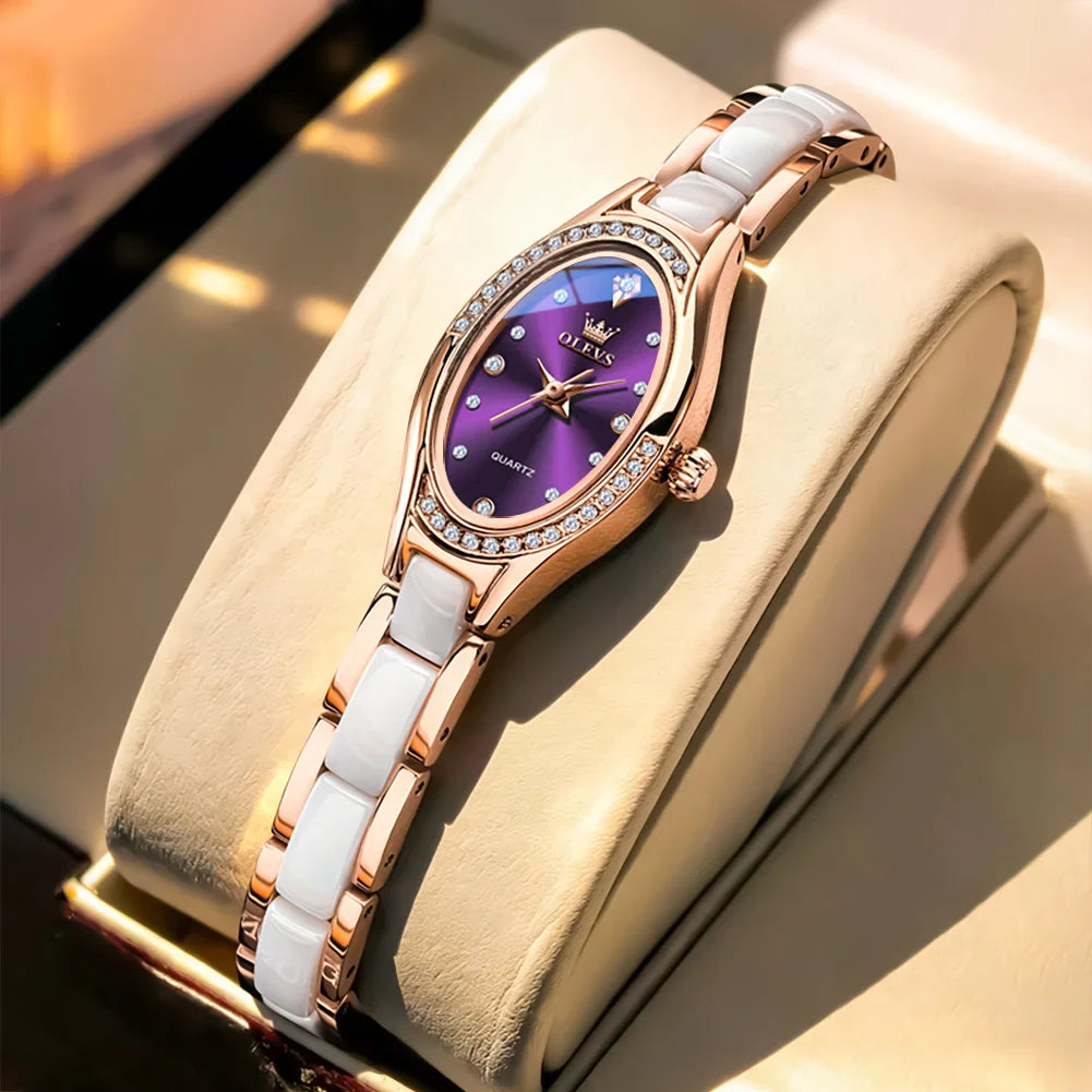 OLEVS 7131 Orologio da Donna Elegante con Movimento al Quarzo, Cinturino in Porcellana, Impermeabile 30m, Quadrante con Diamanti, Orologio alla Moda per Donne
