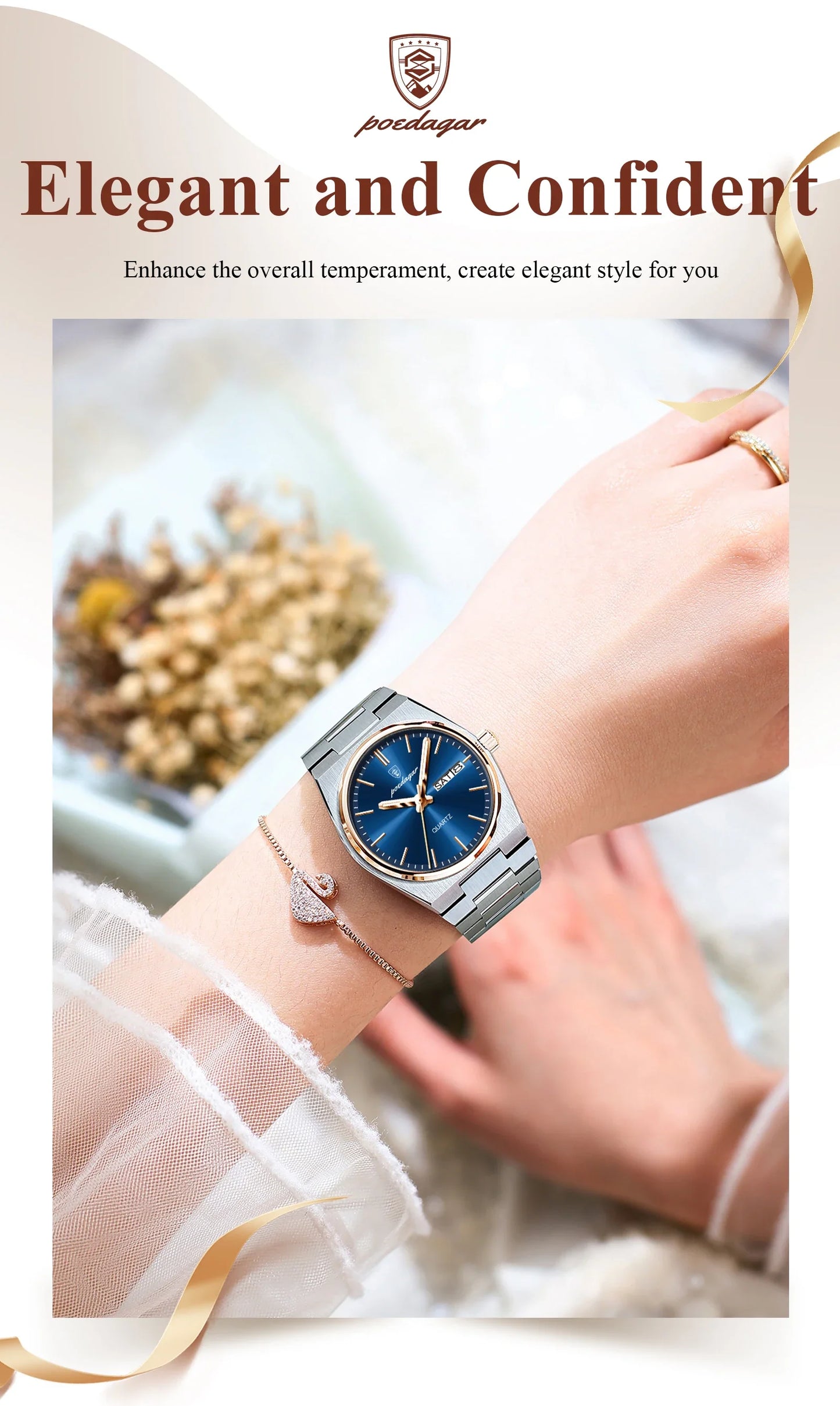 POEDAGAR Orologio da donna alla moda Orologio da polso da donna di lusso luminoso impermeabile in acciaio inossidabile Data settimana Orologi al quarzo da donna Reloj