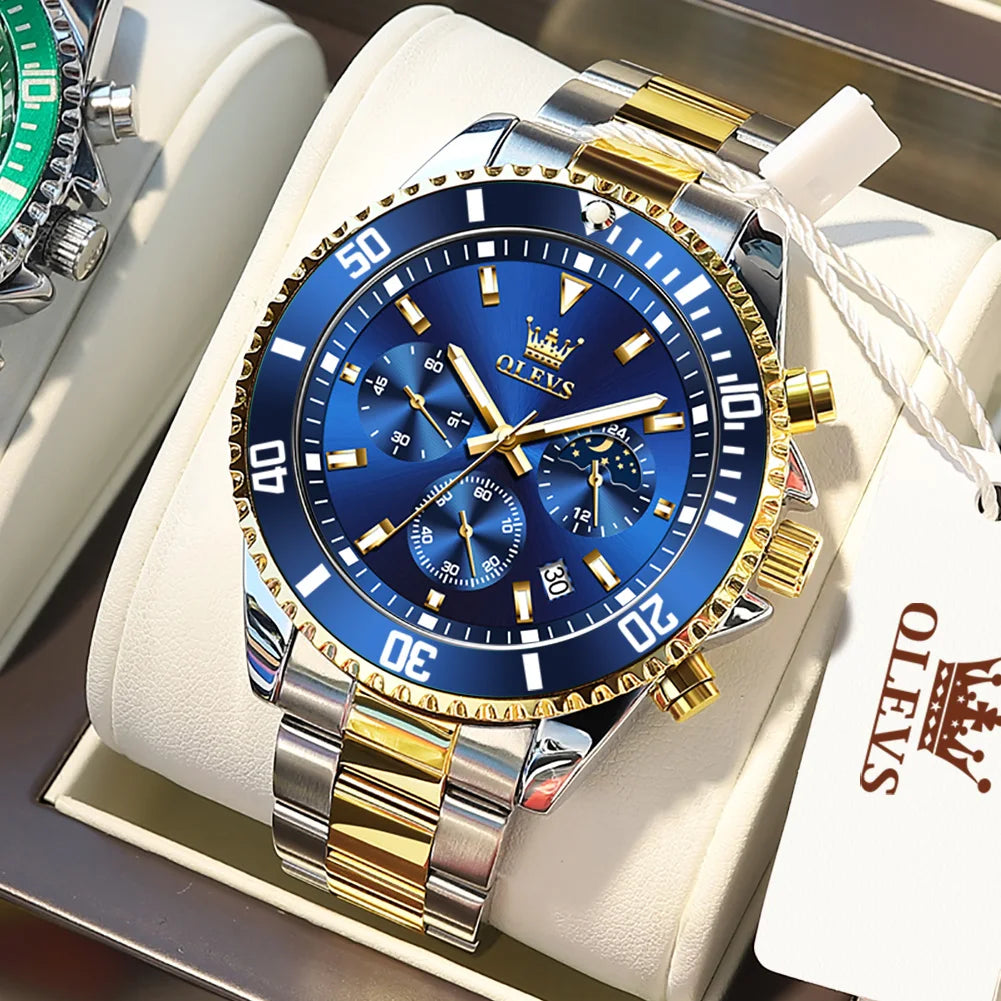 OLEVS Orologi da uomo Orologio di lusso delle migliori marche da uomo Cronografo originale impermeabile in acciaio inossidabile Fasi lunari Data Quadrante Rota
