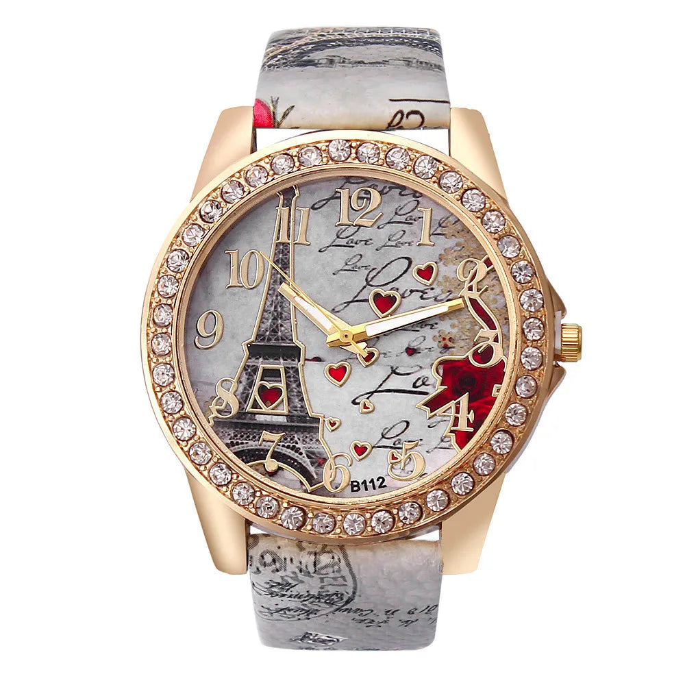 Orologio al quarzo in pelle PU da donna alla moda con strass Torre Eiffel