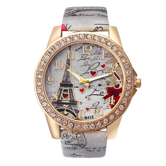 Orologio al quarzo in pelle PU da donna alla moda con strass Torre Eiffel