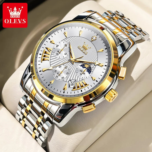 OLEVS Orologi al quarzo da uomo Orologi di marca in acciaio inossidabile Orologio sportivo impermeabile per uomo Cronografo con fasi lunari