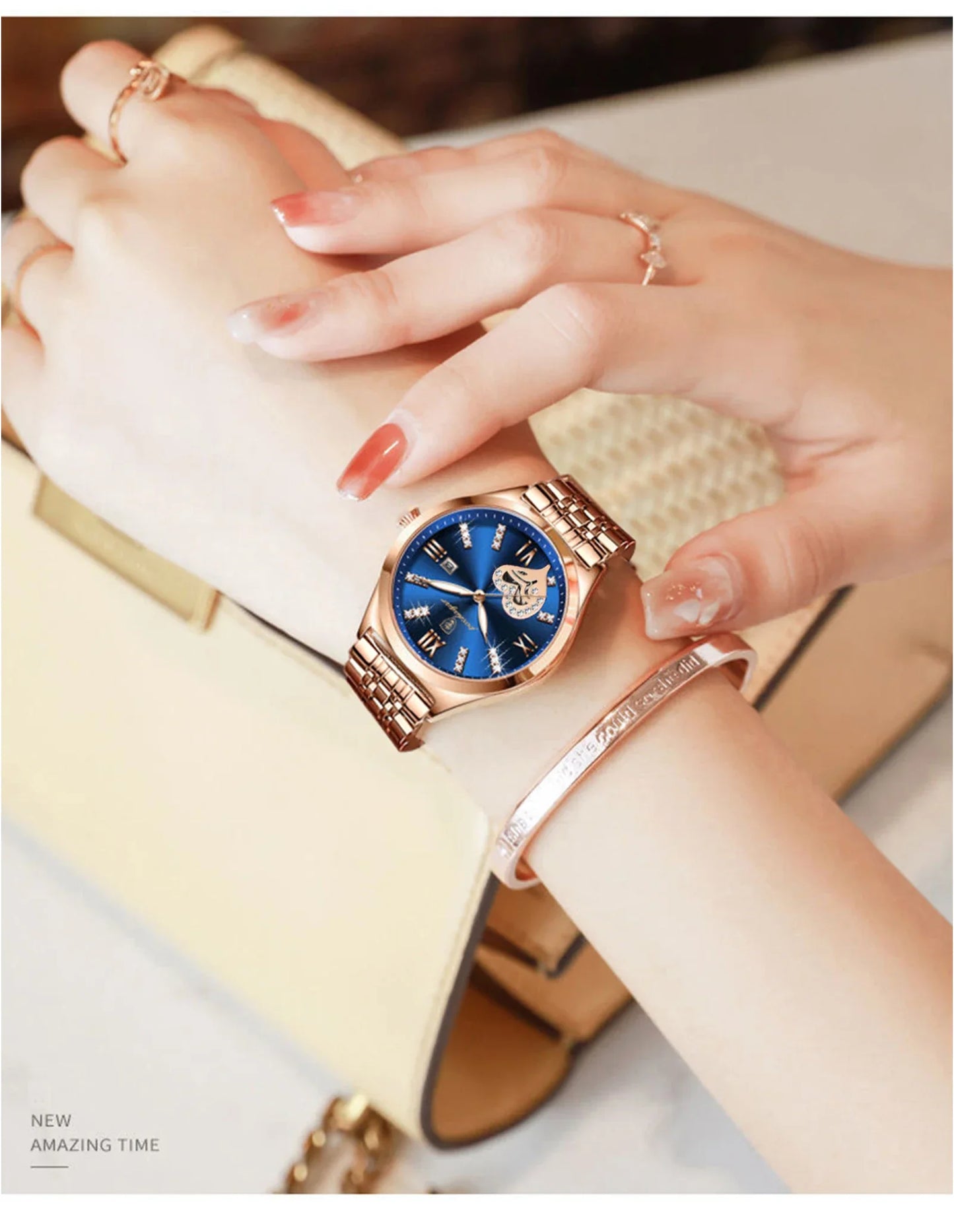 POEDAGAR Orologi di lusso da donna Orologio da donna impermeabile con data luminosa in acciaio inossidabile Orologio da polso da donna al quarzo alla moda elegante
