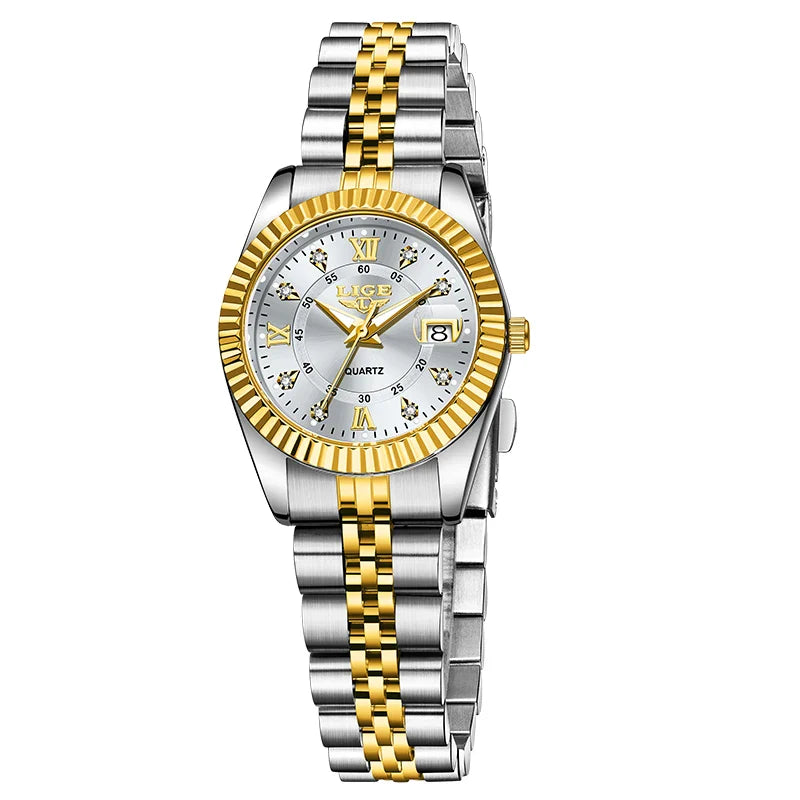 Orologio da Polso LIGE di Lusso con Strass per Donna, Cinturino in Acciaio Inossidabile, Movimento al Quarzo, Regalo, Reloj Mujer