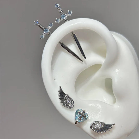 New Fashion Love Wings Cross Acciaio inossidabile Osso dell'orecchio Chiodo Zircone lucido Orecchino con filo alla moda per le donne Accessorio per piercing al corpo
