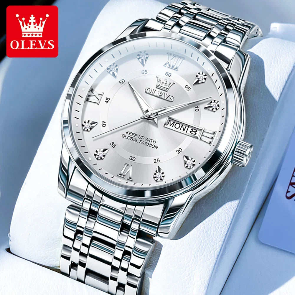 OLEVS 5513 Orologio da uomo Orologio luminoso impermeabile al quarzo originale di marca di moda per uomo Scatola per orologio con doppio calendario in acciaio inossidabile