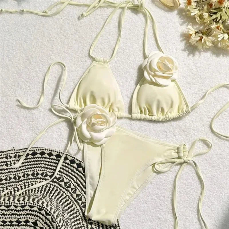 Costume da Bagno Sexy con Fiori e Fascia, Bikini a Perizoma 2025, Costumi da Bagno Donna con Lacci, Set Bikini Brasiliano, Biquini Mujer