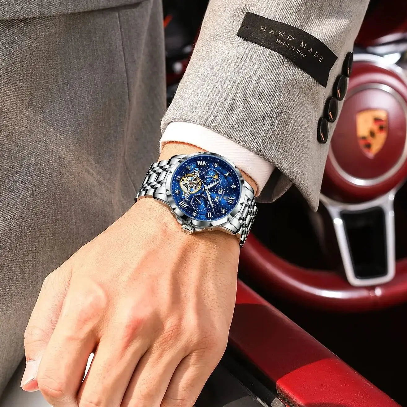 POEDAGAR Top Orologio da uomo originale Orologio meccanico automatico da uomo in acciaio inossidabile Calendario Hollow Tourbillon Orologio da uomo Maschio + scatola
