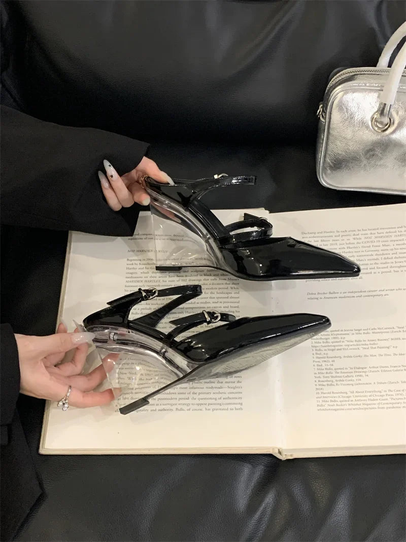 Liyke New Fashion Transparent Wedge Slippers Women Pumps Patent Leather Pointed Toe Buckle Strap Designer High Heels Mules Shoes