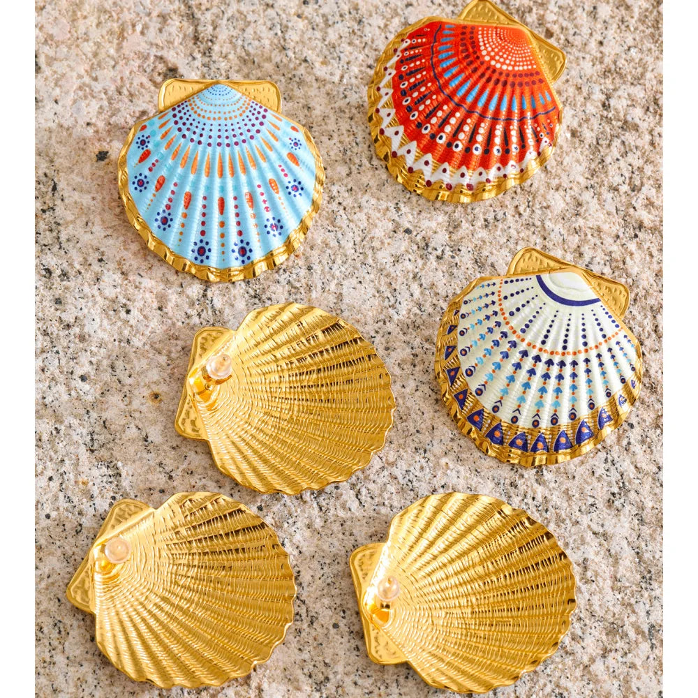 Yhpup Ocean Style Acciaio inossidabile Smalto Y2K Conchiglia in metallo Grandi orecchini a bottone per le donne Gioielli estivi 2026 PVD placcato