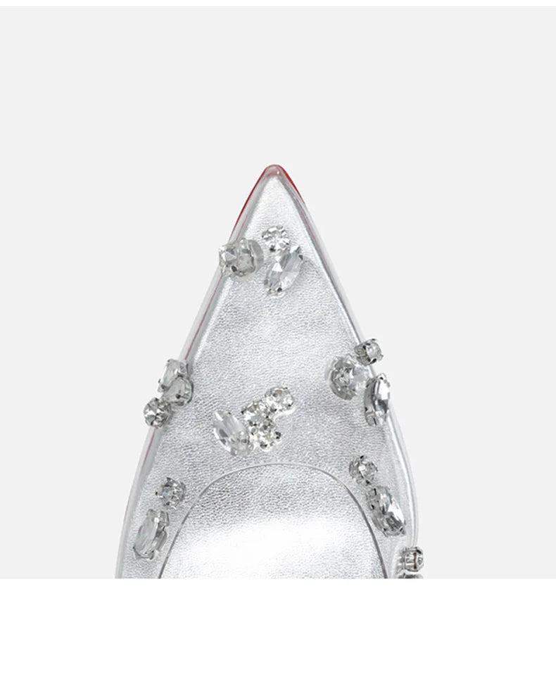 Red sole transparent pointed head sexy female stiletto high heels wedding shoes silver rhinestone crystal fairy style new 2024