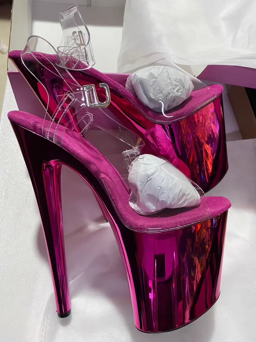 Glossy electroplated Cross dressing 8 inches high heel Stripper 20cm sandals  Clear Exotic Sexy platform pole Dance Sexy womens