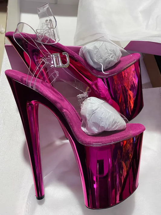 Glossy electroplated Cross dressing 8 inches high heel Stripper 20cm sandals  Clear Exotic Sexy platform pole Dance Sexy womens