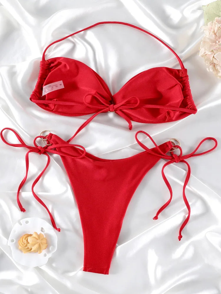 Set Bikini a Fascia da Donna con Pieghe, Costume da Bagno Sexy con Laccetti, Bikini Brasiliano con Bendaggio, Abbigliamento da Spiaggia