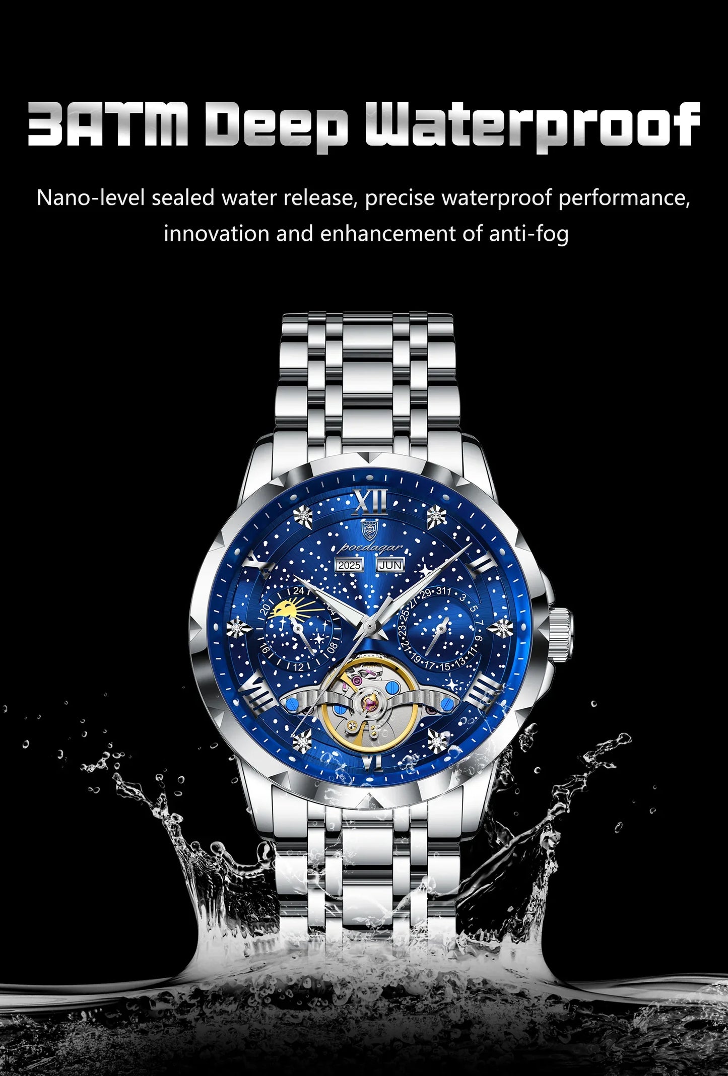 POEDAGAR Top Orologio da uomo originale Orologio meccanico automatico da uomo in acciaio inossidabile Calendario Hollow Tourbillon Orologio da uomo Maschio + scatola