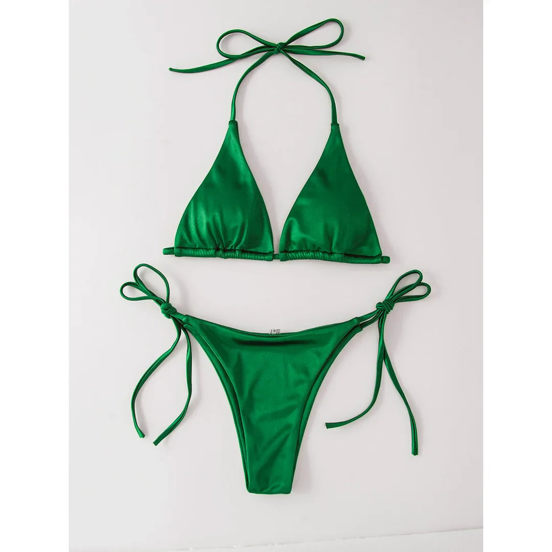 Sexy 13 colori Halter Satin Bikini brasiliano Donna Costumi da bagno Costume da bagno femminile Bikini a due pezzi Bagnante Costume da bagno Swim V4966