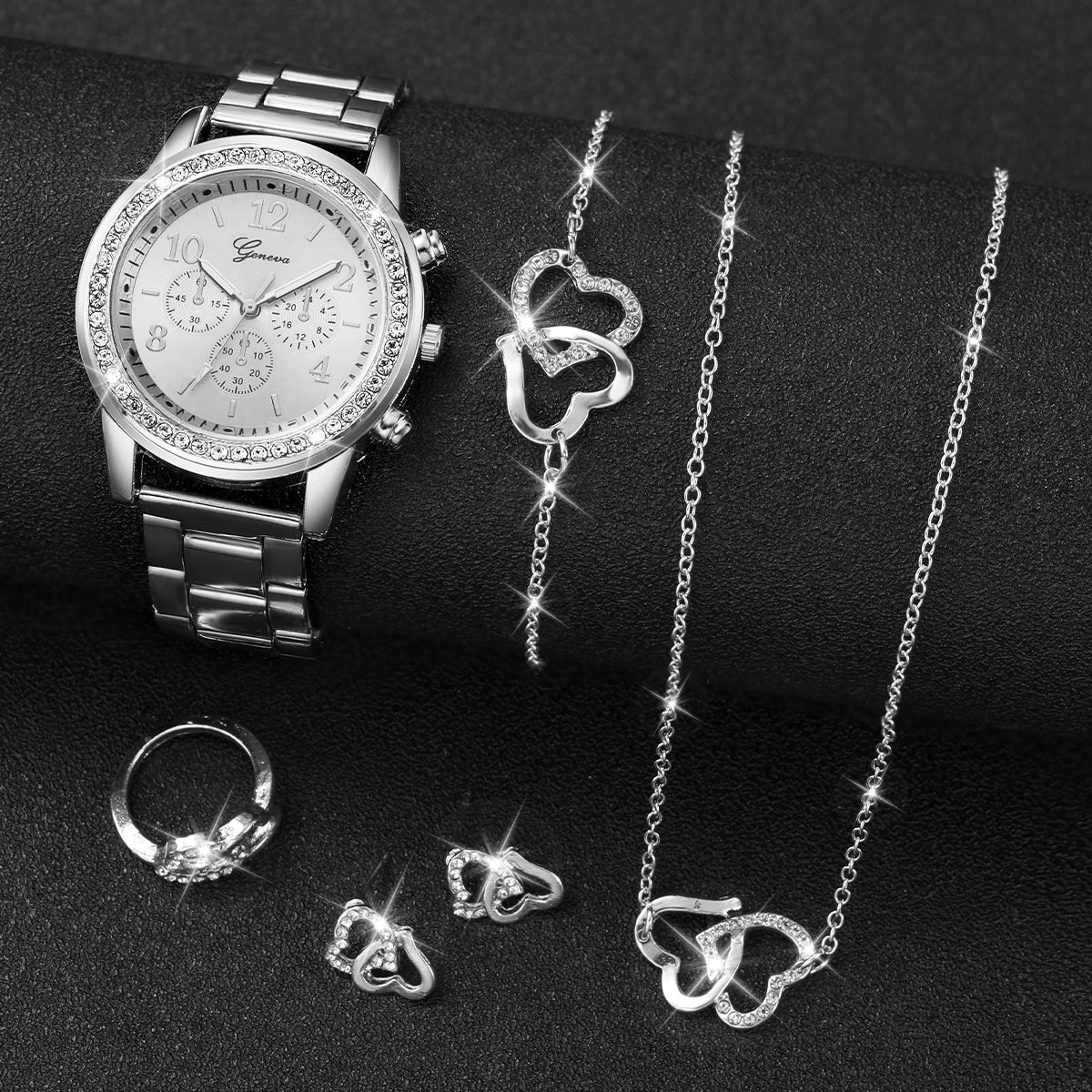 6 pezzi/set orologio da donna moda strass cinturino in acciaio inossidabile orologio al quarzo doppio cuore set di gioielli (senza scatola)