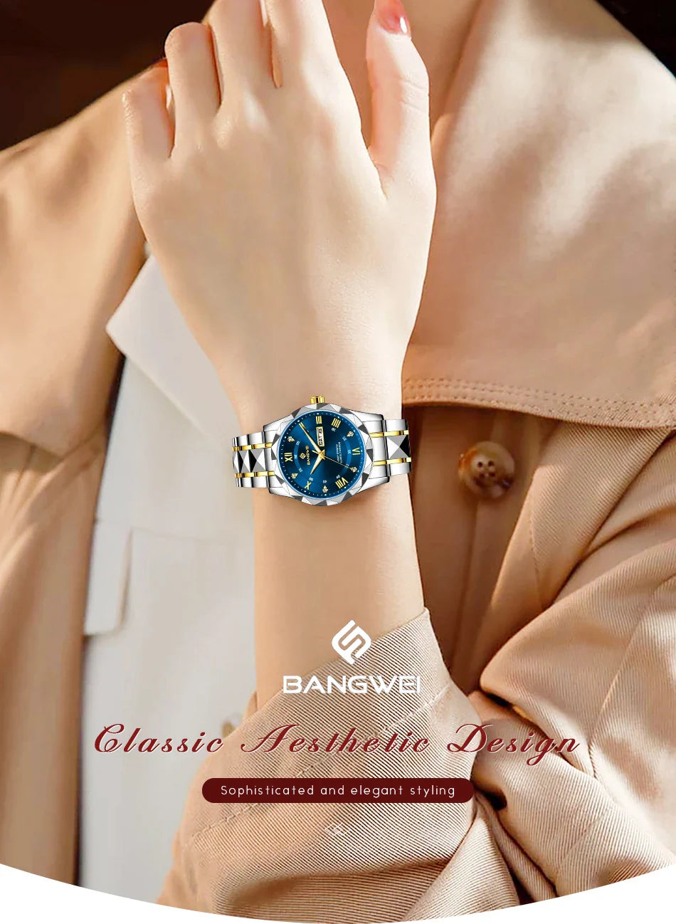 BANGWEI Orologio da donna elegante e lussuoso al quarzo, orologio da polso classico e semplice in acciaio inossidabile, con data automatica, impermeabile, con diamanti
