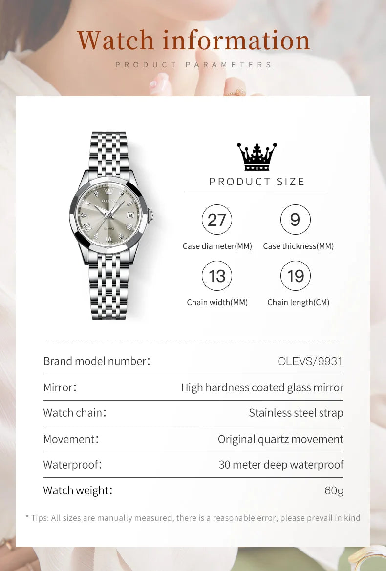 OLEVS 9931 Elegante Orologio da Donna di Lusso, Marca Originale, Movimento al Quarzo, Impermeabile, in Acciaio Inossidabile, Luminoso con Data