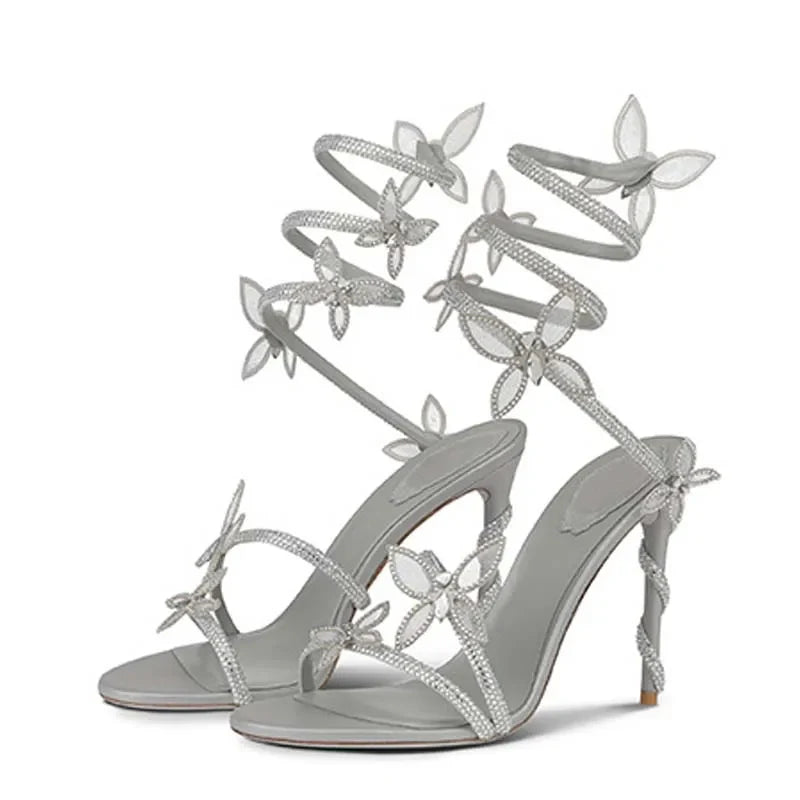 Aneikeh Elegant Pink Wedding Shoes CRYSTAL Bow High Heels Sandals Woman Summer Ankle Strap Thin High Heels Open Toed Party Shoes