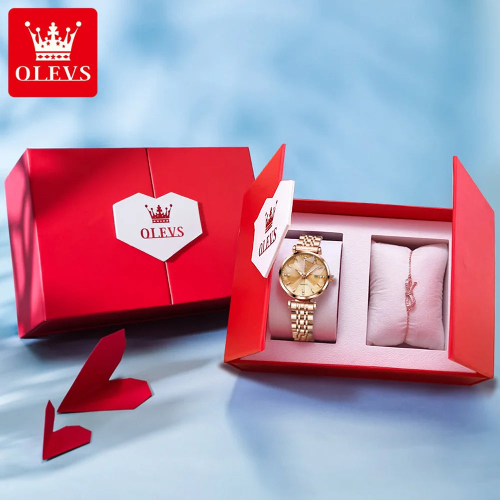 OLEVS 5536 Orologio da donna al quarzo con diamanti di marca di lusso Moda elegante orologio da donna impermeabile in oro rosa con bracciale Set Reloj Mujer