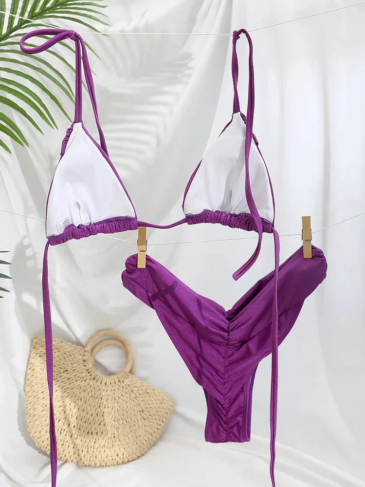 Set Bikini Sexy con Pieghe, Micro Bikini Tinta Unita, Costume da Bagno Femminile a Triangolo, Abbigliamento da Spiaggia
