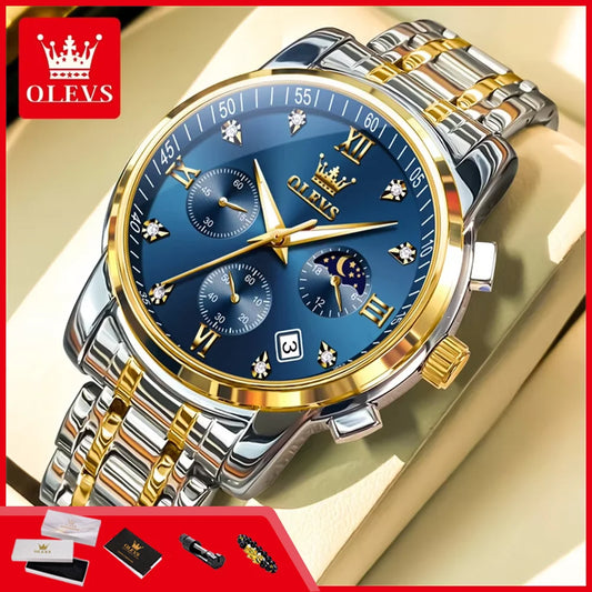 OLEVS 2858 Orologio da Uomo in Acciaio Inossidabile, Impermeabile, Antigraffio, con Fasi Lunari, Luminoso, Cronografo, Orologio da Polso al Quarzo di Lusso
