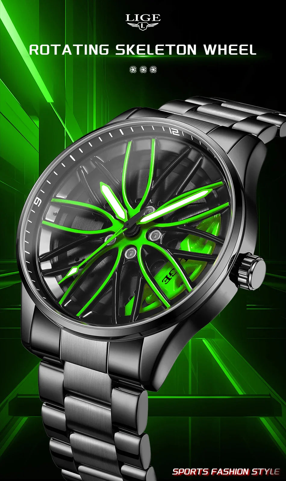 Orologio da Uomo LIGE di Lusso al Quarzo, Sportivo, Impermeabile, in Acciaio Inossidabile, Luminoso, con Quadrante a Forma di Ruota d'Auto, Elegante Orologio da Uomo per Affari