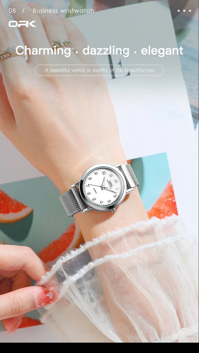 OPK 8115 Orologio da donna Orologio da polso al quarzo originale alla moda semplice Cinturino in maglia di acciaio inossidabile Orologio impermeabile per donna Reloj