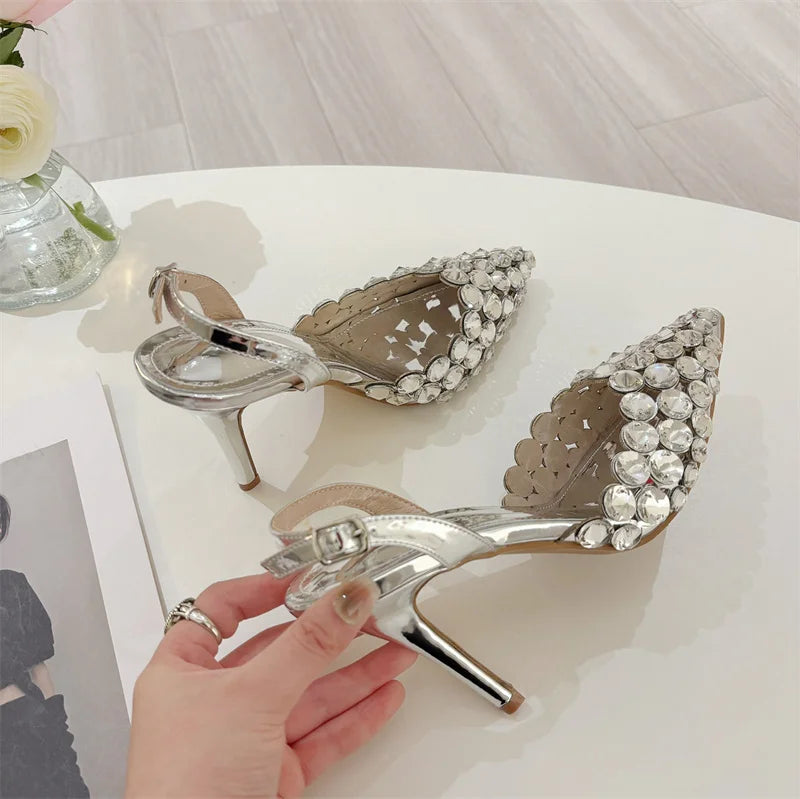 Hlieny Hollow Out Patent Leather Women Pumps Fashion Crystal Diamonds Pointed Toe Gold Silver High Heels Shoes Stiletto Sandals