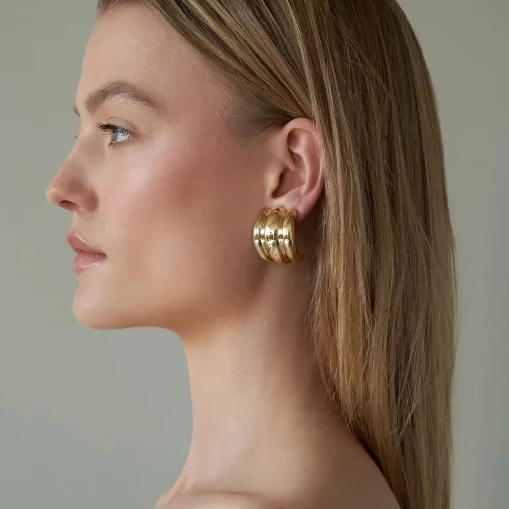 Orecchini a Perno Geometrici a Forma di C Multistrato Placcati in Oro 18K, Antiruggine, in Acciaio Inossidabile per Donne