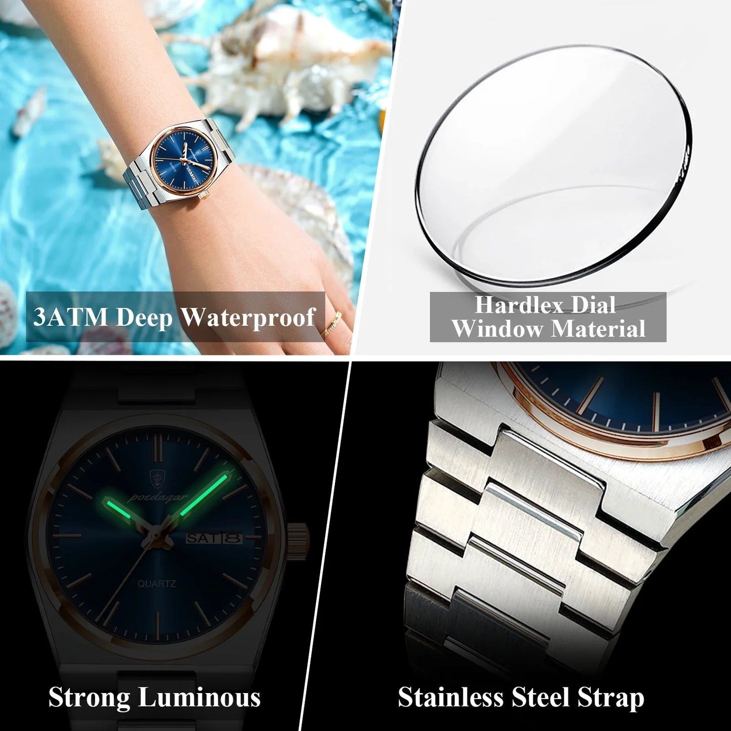 POEDAGAR Orologio da donna alla moda Orologio da polso da donna di lusso luminoso impermeabile in acciaio inossidabile Data settimana Orologi al quarzo da donna Reloj