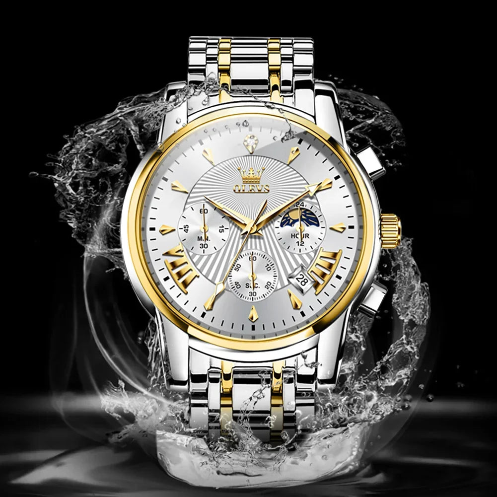 OLEVS Orologi al quarzo da uomo Orologi di marca in acciaio inossidabile Orologio sportivo impermeabile per uomo Cronografo con fasi lunari