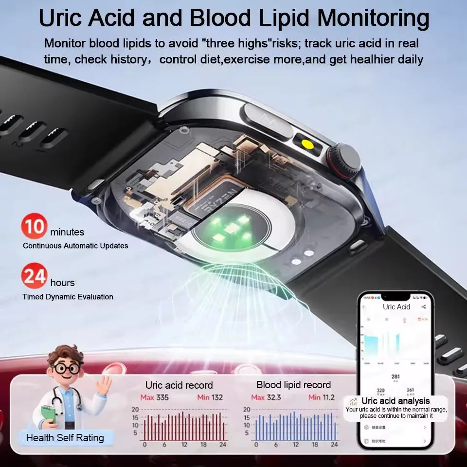 2026 Nuovo 650nm Terapia Laser Grassi nel sangue Acido urico Pressione sanguigna Smart Watch ECG + PPG Preciso Monitor di salute Smartwatch per gli uomini
