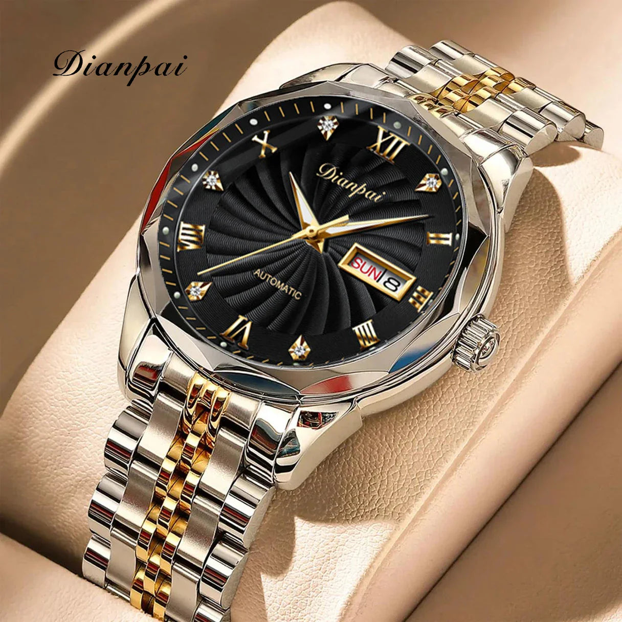 Dianpai Orologio meccanico automatico con cinturino luminoso in acciaio inossidabile, orologio nazionale da uomo alla moda.