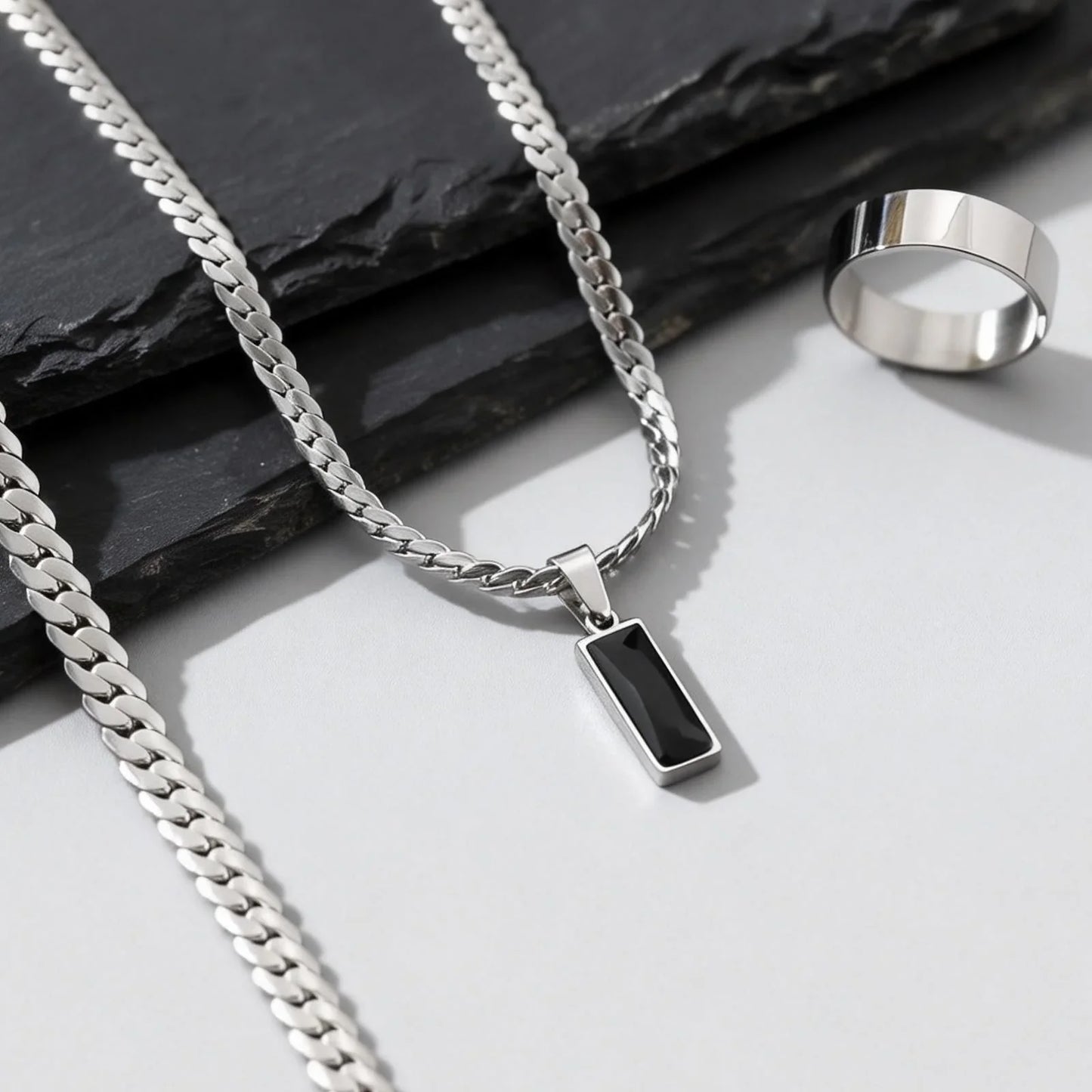 Elegante Set di Gioielli da Uomo con 3 Pezzi, Catena Cubana Piatta, Ciondolo Geometrico in Acciaio Inox con Pietra, Gioielli Hip Hop, Regalo per Lui