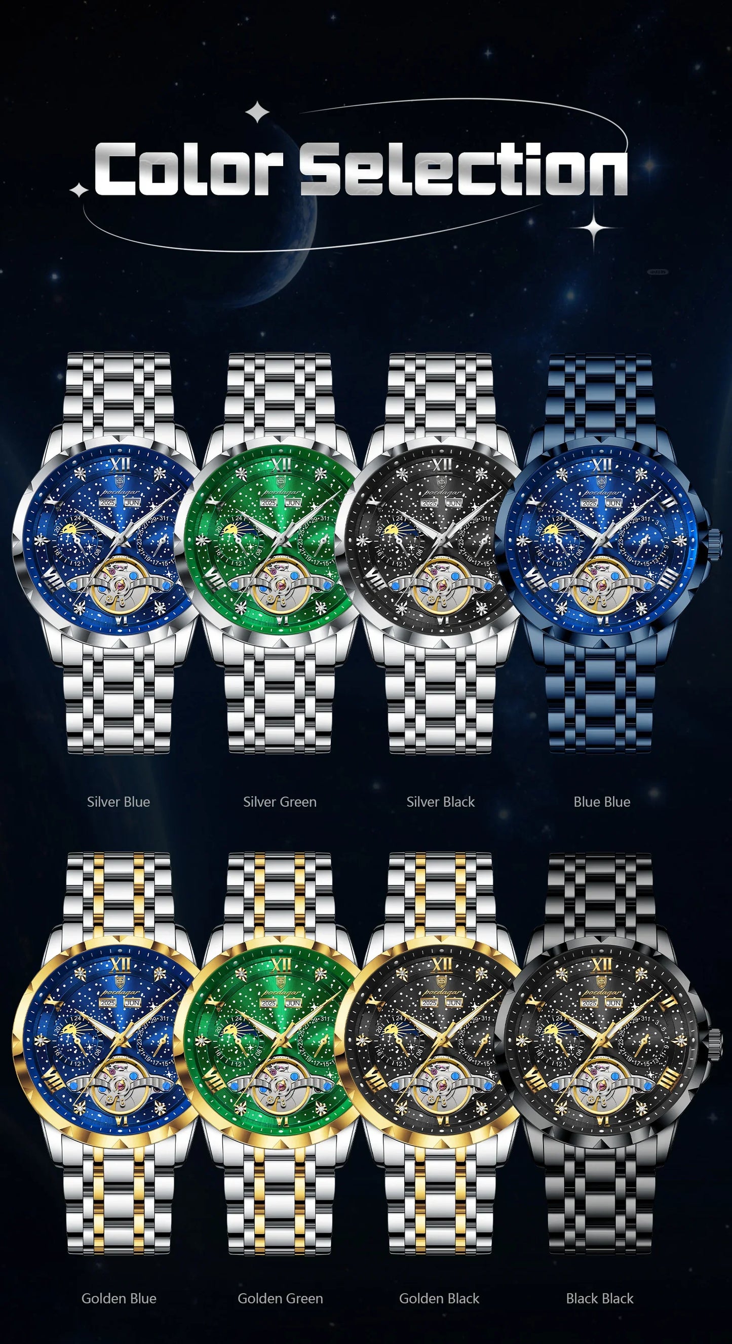 POEDAGAR Top Orologio da uomo originale Orologio meccanico automatico da uomo in acciaio inossidabile Calendario Hollow Tourbillon Orologio da uomo Maschio + scatola