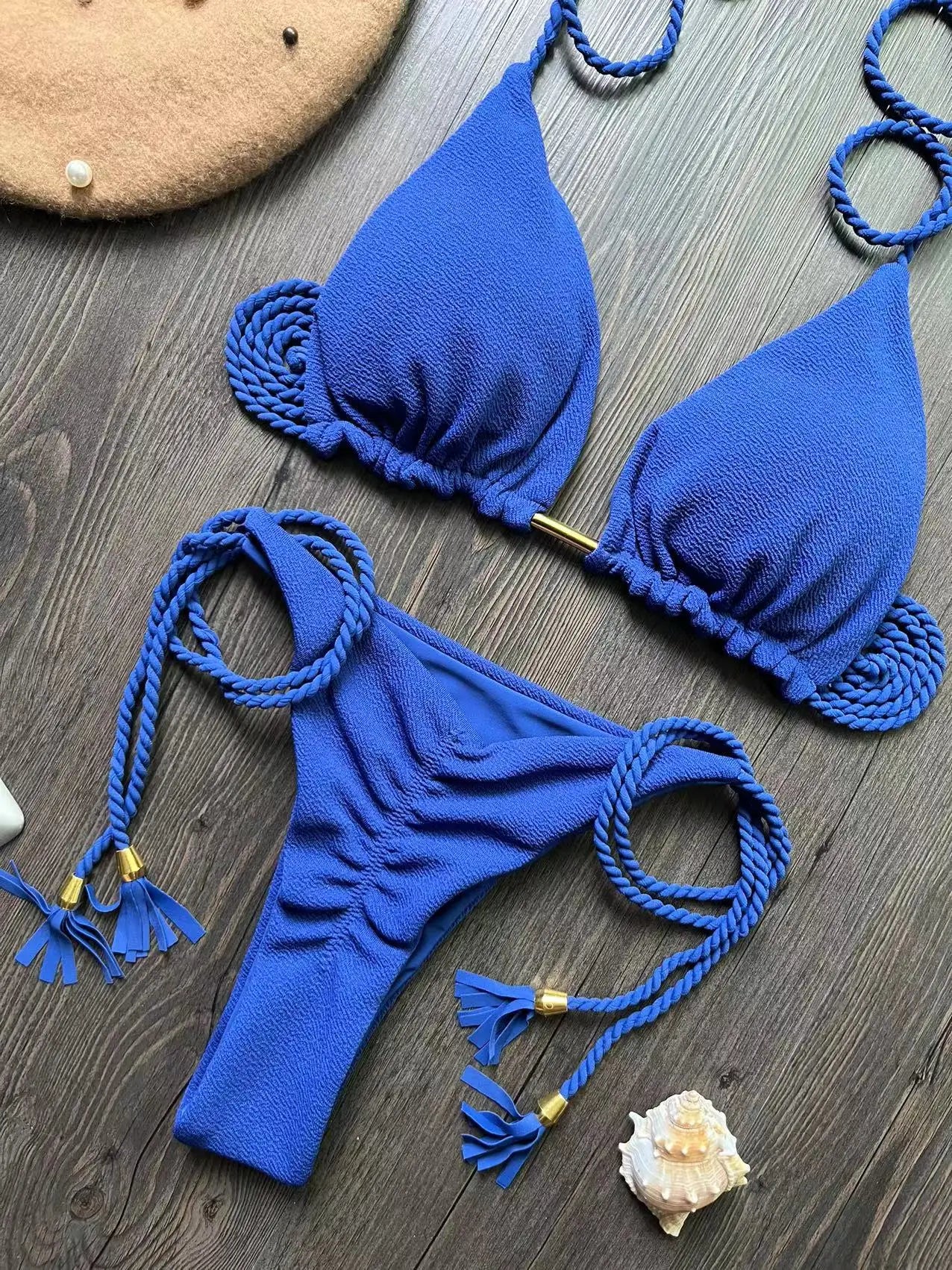 Costume da bagno bikini sexy con laccetti intrecciati, due pezzi, triangolare, stile brasiliano.