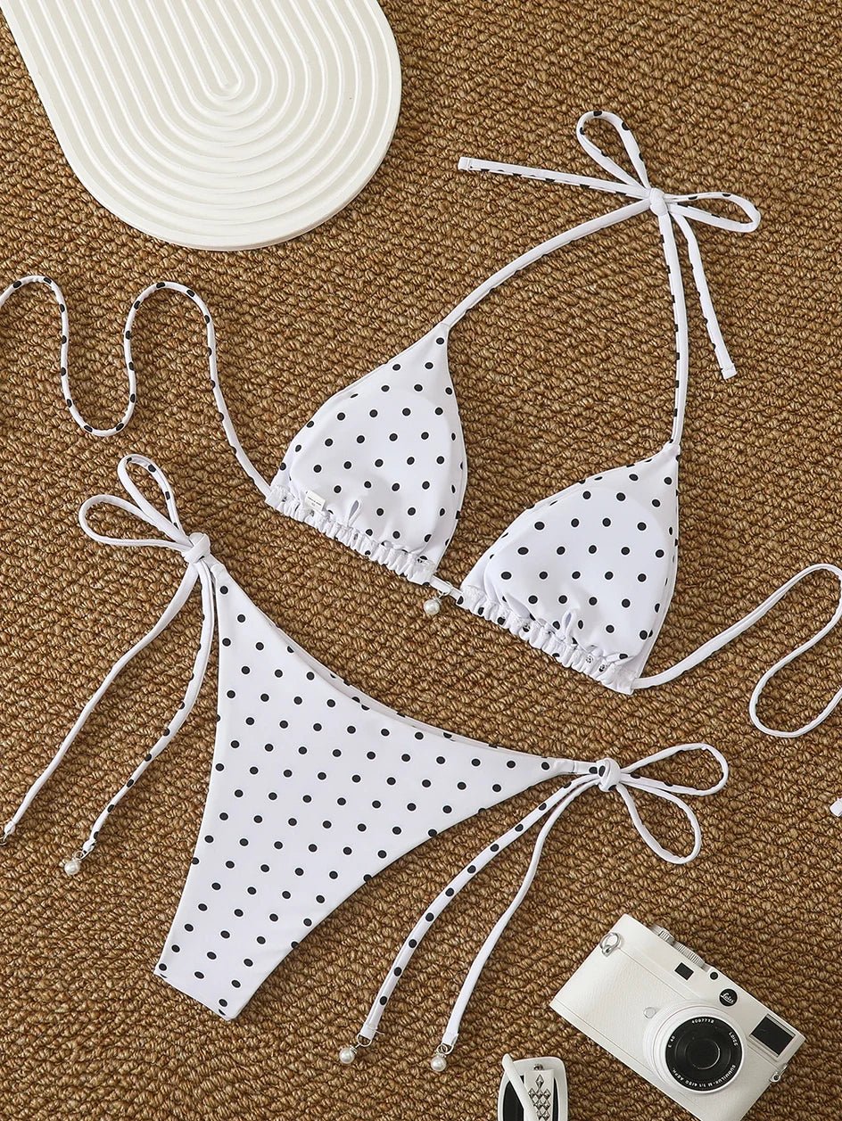Bikini di Tendenza 2026, Costume da Bagno Sexy con Perle, Micro Bikini a Pois, Abbigliamento da Spiaggia per Donna