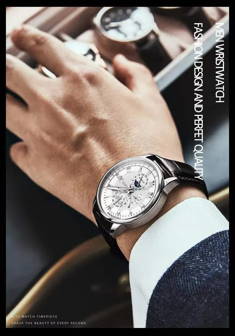 Orologio da uomo di lusso cronografo impermeabile modello fasi lunari orologio da polso da uomo luminoso in pelle orologi al quarzo da uomo orologio Casual
