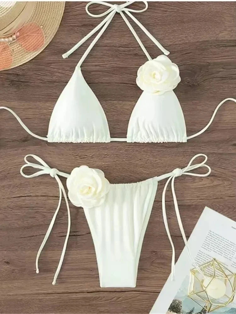 Costume da Bagno Sexy con Fiori e Fascia, Bikini a Perizoma 2025, Costumi da Bagno Donna con Lacci, Set Bikini Brasiliano, Biquini Mujer