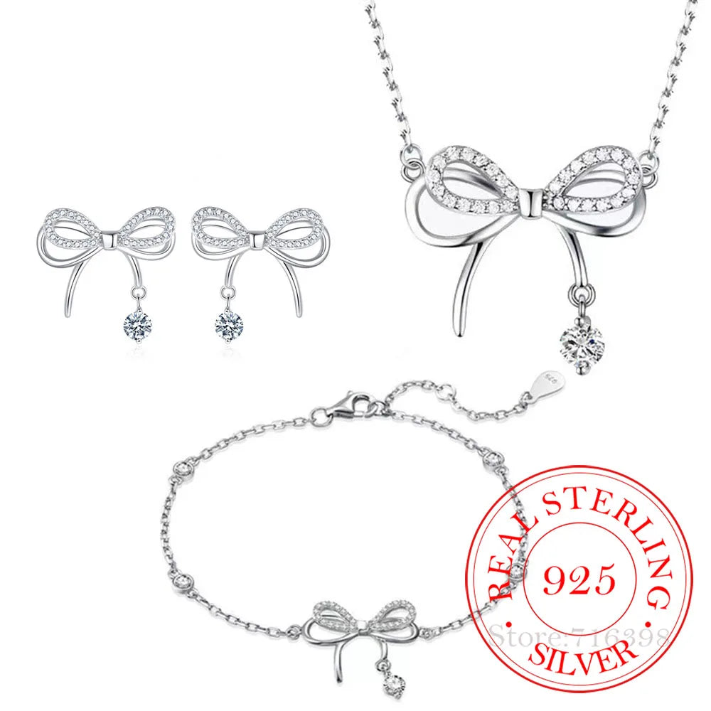3 pezzi 925 Sterling Silver Crystal Bownot collana bracciale orecchini Set di gioielli per le donne uomo matrimonio fidanzamento gioielli per feste